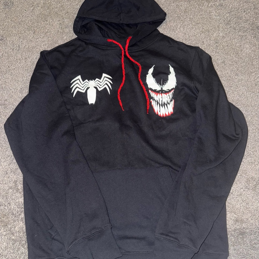 Black Graphic Venom Marvel Hoodie with Red Accents